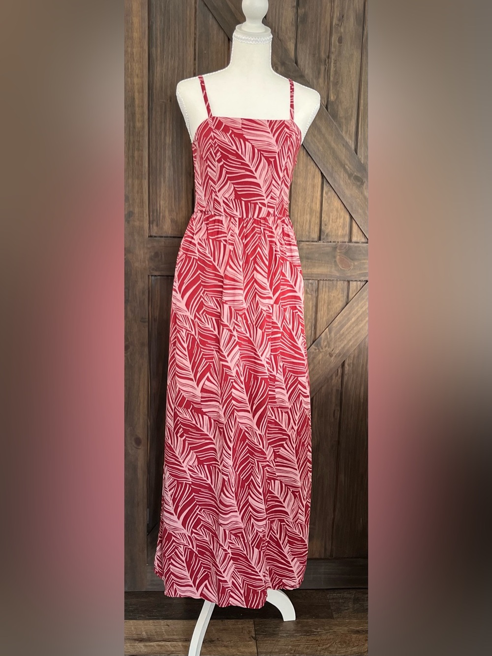 Lilly Rose Rayon Linen Maxi Dress Medium Red/Pink Tropical Leaf Print